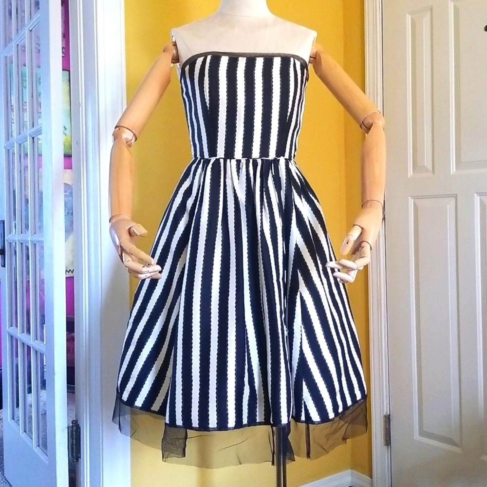 Vintage Tracy Reese Black White Striped Strapless Dress